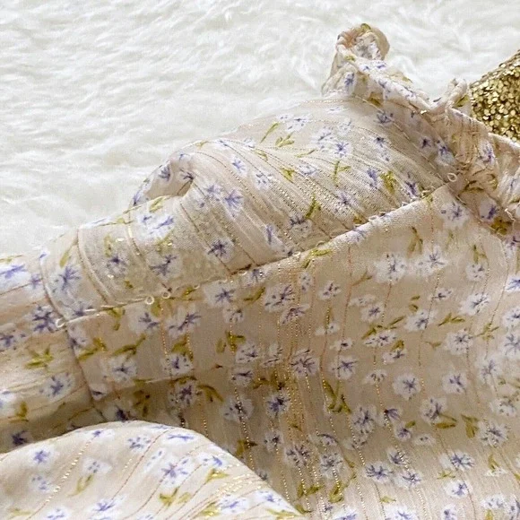 O.P.T Dress Floral Tiered Midi Neutral Chiffon Beige Gold Prairie Dress - Picture 3 of 12